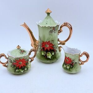 VTG Lefton Poinsettia Coffee/Tea Set Pot Creamer Sugar Gold Trim 1950s Japan